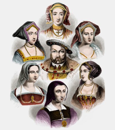 イギリスのヘンリー8世と彼の6人の妻、1890年頃（リソは後から着色されています） 作： English School