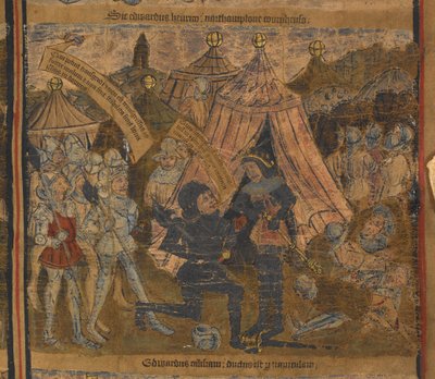ヘンリー6世は、1460年のノーザンプトンの戦いの後、ヨークのエドワード（その後のエドワード4世）とウォリック伯とソールズベリー伯爵によって捕虜になりました。 作： English School
