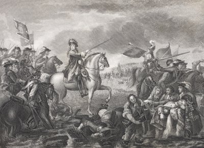 1690年に出版された「歴史的肖像画のギャラリー」からのボインの戦いでのウィリアム3世王 作： English School