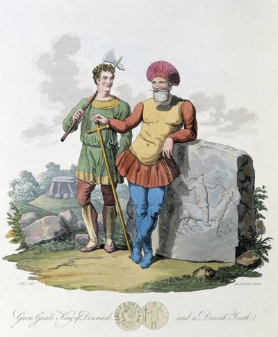 デンマーク王と若いデンマーク人 - S.R.MeyrickとCh.Smithによる「ケルト人とゴート人、6世紀初頭のイギリス諸島の住民とバルト海西岸のゴート族の習慣」の中で。 作： English School
