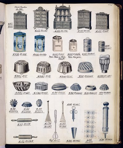 国産品および付属品の貿易カタログからの台所の貯蔵および調理器具、c.1890-1910 作： English School