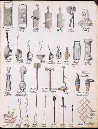 国産品および付属品の貿易カタログからの調理器具、c.1890-1910 作： English School