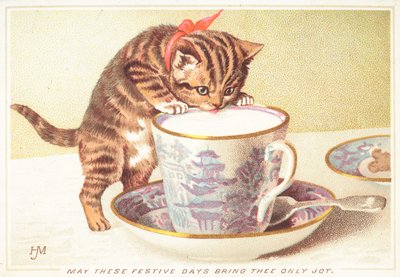 お茶を飲む子猫、クリスマスカード 作： English School