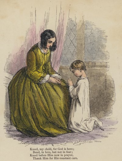 跪け我が子よ、神はここにおられるのだから。愛のうちに曲げて、恐れずに。今、祈りのうちに神の前に跪き、常に世話をしてくれていることに感謝しよう。 作： English School