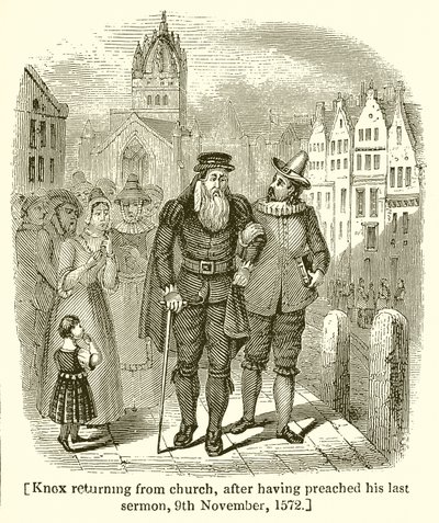 1572年11月9日、最後の説教を説教した後、ノックスが教会から戻った 作： English School