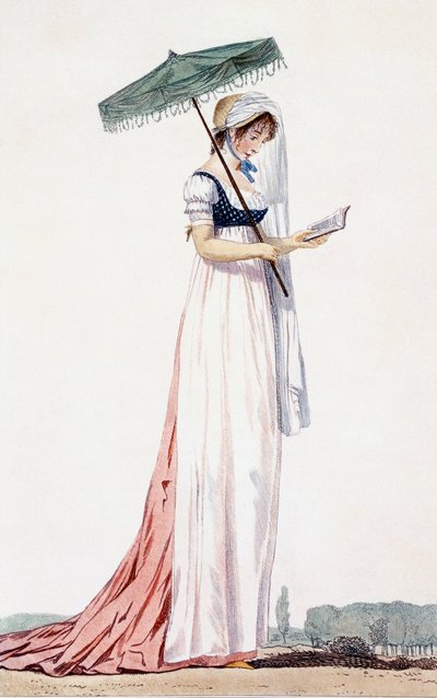 パラコート付きのエレガントな女性用サマードレス、Delacourt、1770年（カラー彫刻） 作： English School