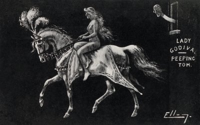 裸で馬に乗ってコベントリーの街を走るレディゴディバを覗き魔が見守る（リトグラフ 作： English School