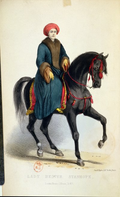 レディヘスタールーシースタンホープ（1776〜1839年）、アラビア風のドレス、彼女の回想録、ロンドン、1845年の図（カラー彫刻） 作： English School