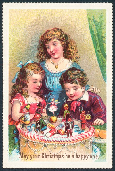 クリスマスケーキ、クリスマスカードを眺める女性と子供 作： English School