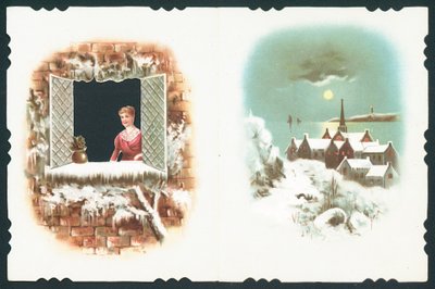 窓や村のシーン、クリスマスカードの外を見て女性 作： English School