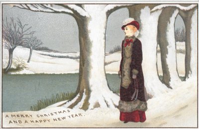 湖畔に立っている女性、クリスマスカード 作： English School