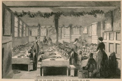 子羊と旗の不規則な学校、子供たちへのごちそう、1850年1月3日 作： English School