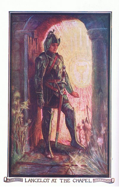 Lancelot kappelissa, kuvitus Longmans Greenin ja Co:n julkaisemasta The Book of Romancesta 作： English School
