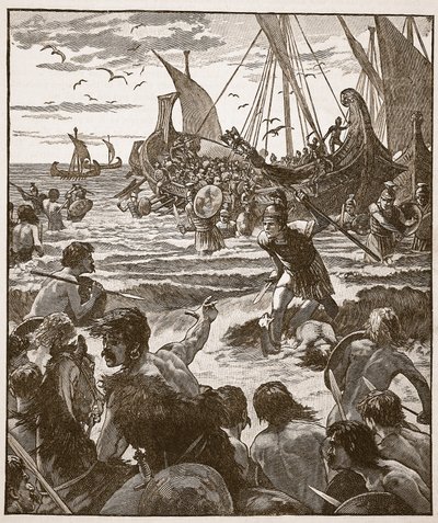 ケントの海岸でのローマ人の上陸、カッセルズのイラスト入りイングランドの歴史（イラスト、セピア写真） 作： English School