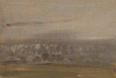 斜面に木のある風景（ウッドバレー、ミストを通して見たもの）以前はJMWターナー（1775-1851）によるもの、ピータードウィント（1784-1849）によるもの（紙に油彩） 作： English School