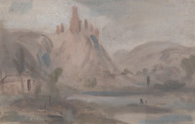 丘の上の城のある風景、以前はJMWターナー（1775-1851）、またピータードウィント（1784-1849）（紙に油彩）に帰属 作： English School