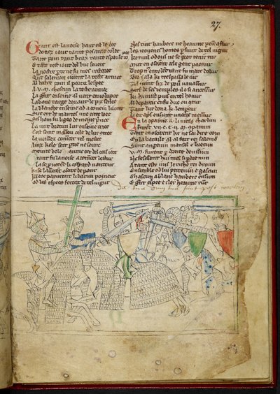 Lansdowne 782 f.27r 「シャンソン・ダ・アスプルモン」からのマウントされた騎士の間の戦い、c.1240-50（ベラム） 作： English School
