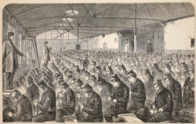 Middlesex House of Correction、Coldbath Fieldsにある大きなOakumルーム（サイレントシステムの下）、ロンドンの刑務所刑務所のイラスト、Henry MayhewとJohnによる刑務所の生活のシーン 作： English School