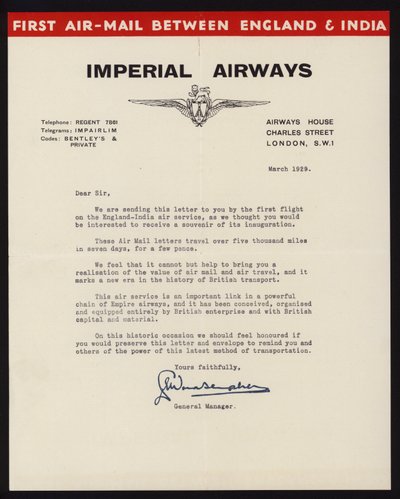 1929年3月、インペリアル・エアウェイズによるイギリス・インド間の初の航空郵便サービス開始（リトグラフ 作： English School