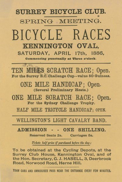 1886年4月17日、ケニントンオーバルで自転車レースを宣伝するリーフレット 作： English School