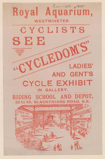 ロイヤルアクアリウムでのCycledomsのレディースとジェントのサイクルの広告のチラシ 作： English School