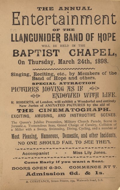 Llangunider Band of Hopeの毎年恒例のエンターテイメントを宣伝するリーフレット 作： English School
