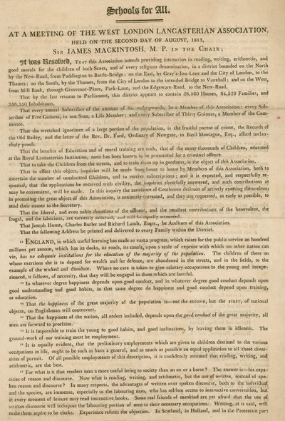 1813年8月、ウェストロンドンランカステア協会の子供たちへの指導を開始する決議を説明したリーフレット 作： English School
