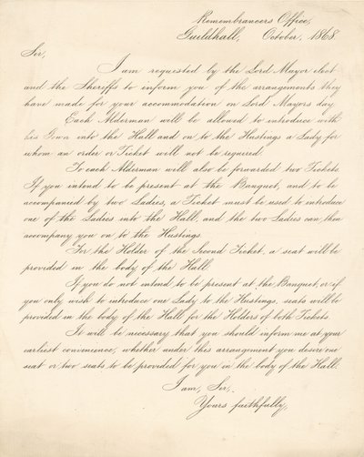 1868年11月9日、ロンドンのギルドホールでの宴会の手配を詳述した手紙 作： English School