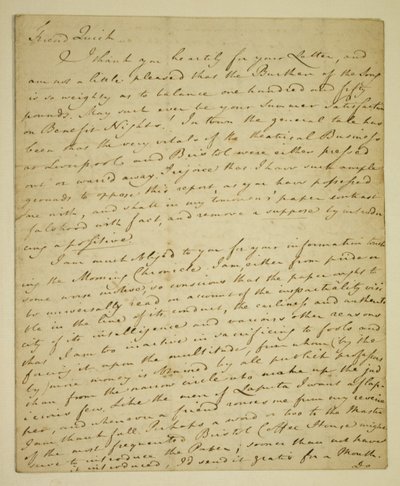 ウィリアム・ウッドフォール（1746-1803）から俳優ジョン・クイック（1748-1831）への、ヘイマーケットでのジョン・ヘンダーソンの好意的な評価に関する手紙 作： English School