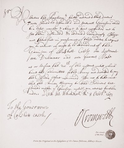 1651年、オリバー・クロムウェルからのカルショット城知事への手紙、ジェームズ・フェローズ卿、アドベリー・ハウスが所持していた原本の複製 作： English School