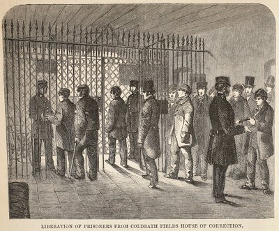 Coldbath Fields House of Correctionからの囚人の解放、ロンドンの刑務所刑務所からのイラスト、Henry MayhewとJohn Binnyによる刑務所生活のシーン、パブ。 1862 作： English School