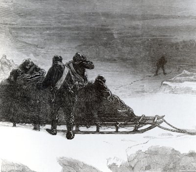 パー中尉が北部そり党に援助をもたらすために出発し、「The Illustrated London News」、1875-78年頃（版画）に掲載 作： English School