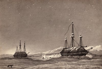 ウィリアム・パリー中尉の最初の航海：ウィンターハーバーでのHMSヘクラとHMSグリッパー、1819年頃（ペンと水墨画、紙で洗う） 作： English School