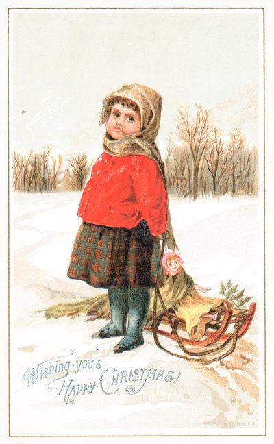 そり、クリスマスカードのそばに立っている女の子 作： English School