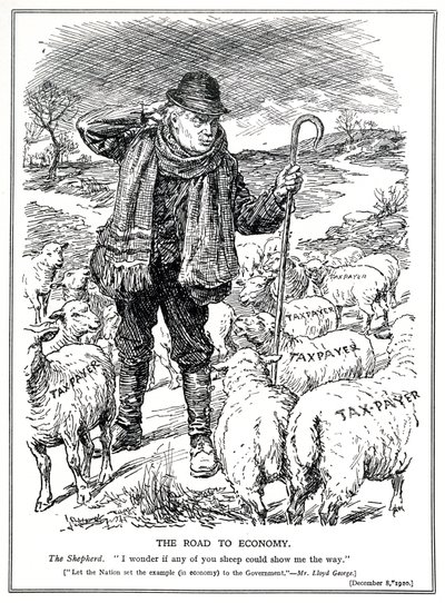 1920年12月、イギリスの羊飼いとしてのロイドジョージは、経済の回復を主導するように納税者（羊）に要求します。 作： English School