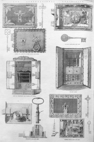 1862年の大展覧会で展示されていた錠と金庫、イラスト入りロンドンニュースのイラスト、1862年11月15日 作： English School