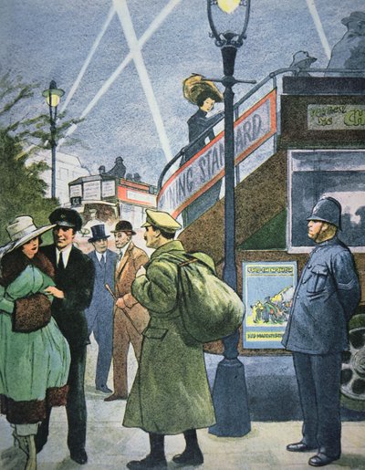 第一次世界大戦中のロンドンの街並み、休暇中の兵士、1914-18年頃（カラーリトグラフ 作： English School