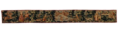 乗馬、散歩、狩りをする人物を描いた長い帯状のタペストリー、1600年頃（羊毛） 作： English School