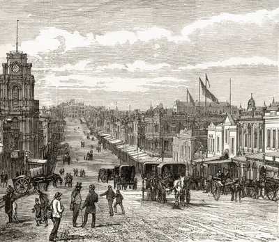1886年、メルボルンのバークストリートを東に見下ろす、ハワードウィロビー著「オーストラリアの写真」、宗教協会、ロンドン、1886年発行 作： English School