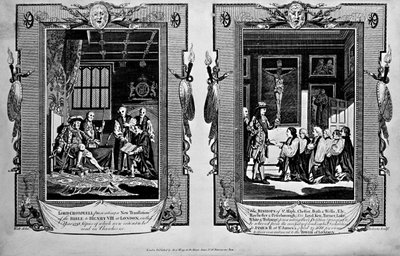 クロムウェル卿は1688年にヘンリー8世に聖書を提示し、司教たちはジェームズ2世にポールライトの「新しい完全な殉教者の書」から請願書を提出しました 作： English School