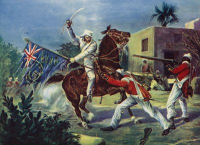 ロバーツ卿は、クダガンジでイギリス軍の旗をめぐって 2 つのセポイと戦い、インディアン反乱の際にビクトリア十字章を授与されました。 作： English School