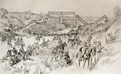 第2次ボーア戦争でサンド・リバー・ドリフトを横断するロバーツ卿の隊列（ルイス・クレスウィック著『南アフリカとトランスヴァール戦争』より、1900年発行（リトグラフ）。 作： English School