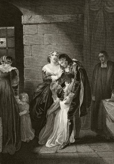 1683年7月21日、処刑される前に家族に別れを告げるウィリアム・ラッセル卿（ウィリアム・ヒックマン・スミス・オーブリー（1858～1916）著「The National and Domestic History of England」より、1890年頃ロンドンで出版（リトグラフ）。 作： English School