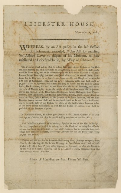 アシュトンレバー博物館の廃棄のための宝くじ、1784 作： English School