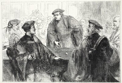マーブルグで議論しているルターとツヴィングル、ジェームズエイトケンワイリー（1808-1890）によるプロテスタンティズムの歴史のイラスト、パブ。 1878 作： English School