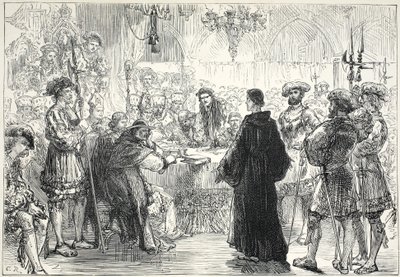 ワームでの食事の前のルター、ジェームズ・エイトケン・ワイリー（1808-1890）によるパブのプロテスタンティズムの歴史からのイラスト。 1878 作： English School