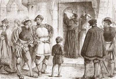 ルターは、ヴィッテンベルクのシュロスカークのドアに論文を釘付けにしています。イラストは、ジェームズエイトケンワイリーによるプロテスタンティズムの歴史（1808-1890）、パブです。 1878 作： English School