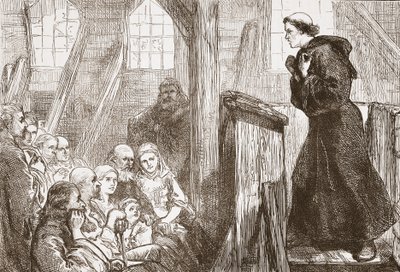ヴィッテンベルクの古い木造の教会で説教をしているルター、ジェームズエイトケンワイリー（1808-1890）によるプロテスタンティズムの歴史のイラスト、パブ。 1878 作： English School