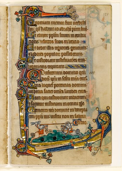 MS 1-2005、Fol。 151r：A Hound and Rabbit Jousting、Macclesfield Psalterの縁飾り、イーストアングリアの使用、1330年頃 作： English School