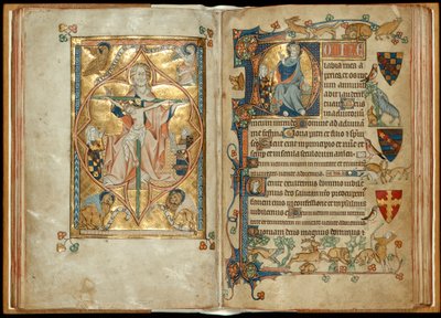 MS 242 f。 28v-29r後援者と慈悲の玉座、後援者に祝福されたキリスト、c.1314-30（羊皮紙に金箔とテンペラ） 作： English School